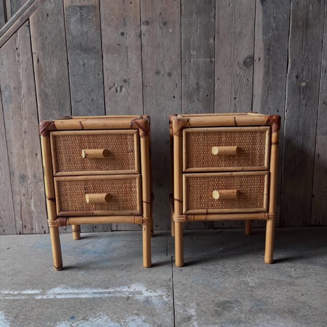 Bedside table, nightstands a pair just in, bamboo and cane with a couple of drawer, so useful for stashing nighttime stuff
They are a great size too, not too big but perfectly formed

Soon to be listed

#vintage #bedroom #interiordesign #home #love