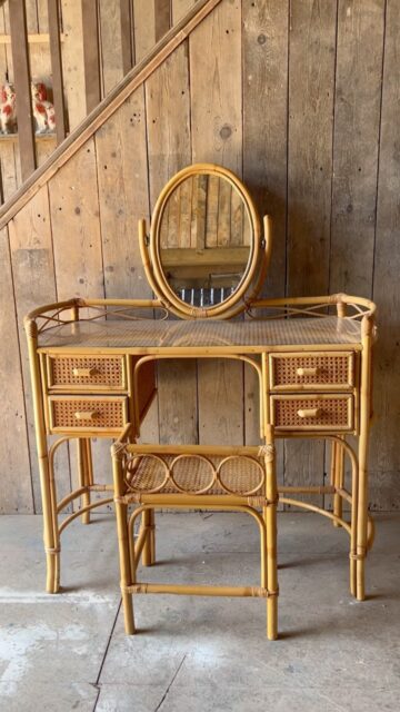 vintage bamboo dressing table with bamboo stool and oval mirror 
Further details on website 
#vintage #furniture #mirror #restoration #home
