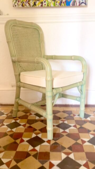 Comes as a pair, faux bamboo chair with a cane back and a light green wash finish.

Loving the look

More details follow the link

#vintage #80s #furniture #interiors #home